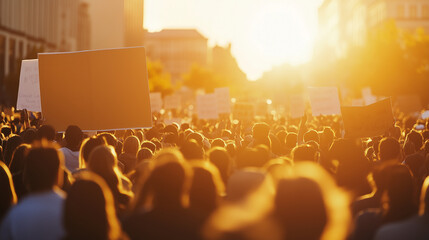 Crowd of people protesting with signs during golden hour