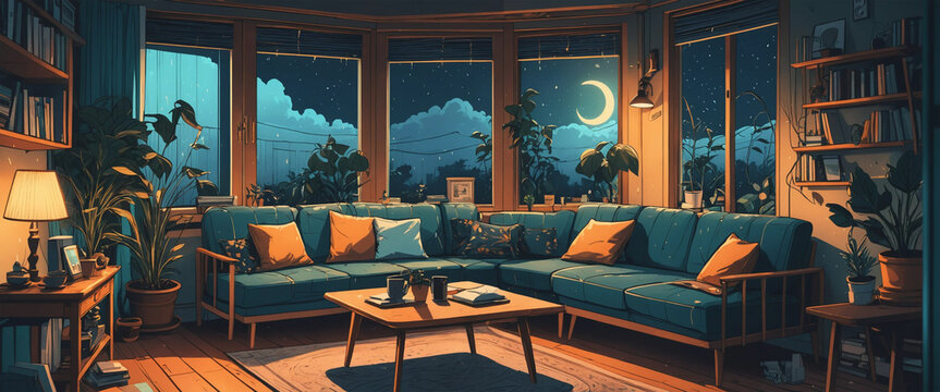 lofi cozy living room at night with warm ambient light and anime style


