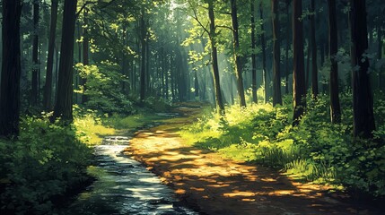 Obraz premium Vibrant Painting of a Lush Forest with a Gentle Stream Flowing Through the Tranquil Natural Scene