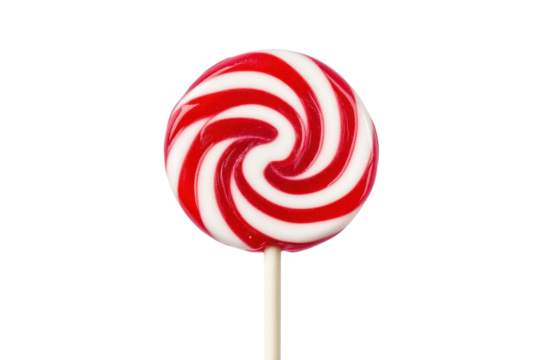 Red and white swirled lollipop against black background, cut out