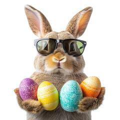 A cute rabbit in sunglasses with Easter eggs in its paws on transparent background PNG