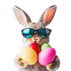 A cute rabbit in sunglasses with Easter eggs in its paws on transparent background PNG © Ruslan