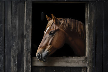 Obraz premium Poised Glance: A majestic horse, with a sleek coat and intelligent eyes, peers out from a wooden stable window, exuding a sense of quiet curiosity.