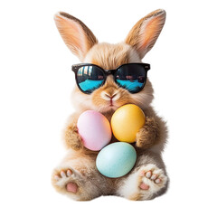 A cute rabbit in sunglasses with Easter eggs in its paws on transparent background PNG