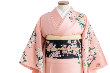 Traditional pink floral kimono with obi display, cut out