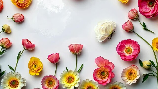 Colorful arrangement of spring flowers on a clean white surface showcasing various blossoms and petals