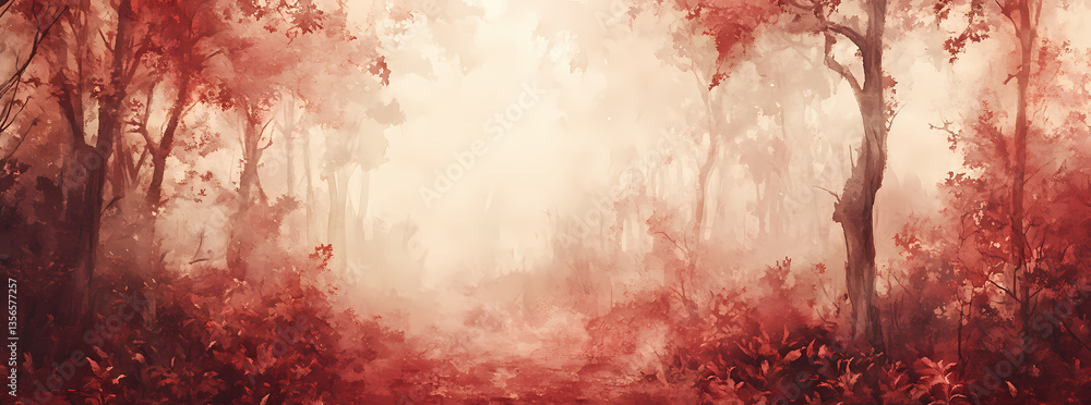 Aufkleber enchanting forest path: a mystical path winds through a surreal forest enveloped in a soft, reddish 