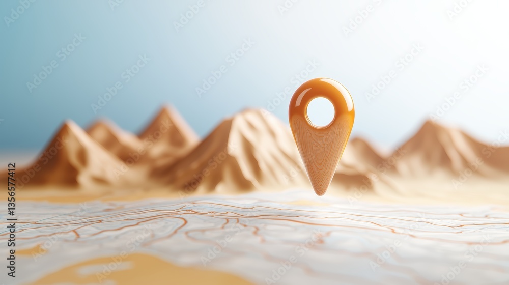 Leinwandbilder icon pin location map 3d rendered pin icon hovering over a map, terrain with mountains and valleys, 
