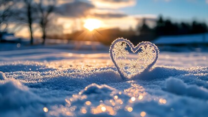 Fototapeta premium A heart-shaped snowflake surrounded by sparkling snow with a sunset in the background. Concept Heart-Shaped Snowflake, Sparkling Snow, Sunset Background, Winter Wonderland, Nature's Beauty