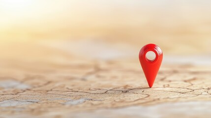 Icon Pin Location Marker Close up of a red pin marker on a paper map, textured paper and folds visible, traditional navigation concept