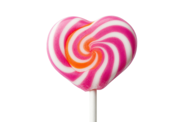 Heart-shaped swirl lollipop with pink and orange spiral pattern on a stick, cut out