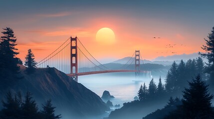 Obraz premium Golden gate bridge sunrise san francisco scenic view serene nature panoramic landscape