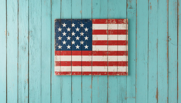 Vintage American flag displayed on rustic wooden background, evoking sense of patriotism and nostalgia