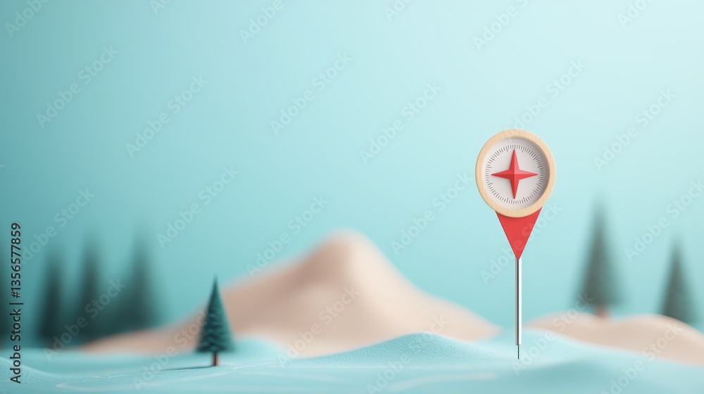 Poster Icon Pin Location Direction 3D rendered pin icon with a compass needle, map with terrain visible, emphasizes precise navigation