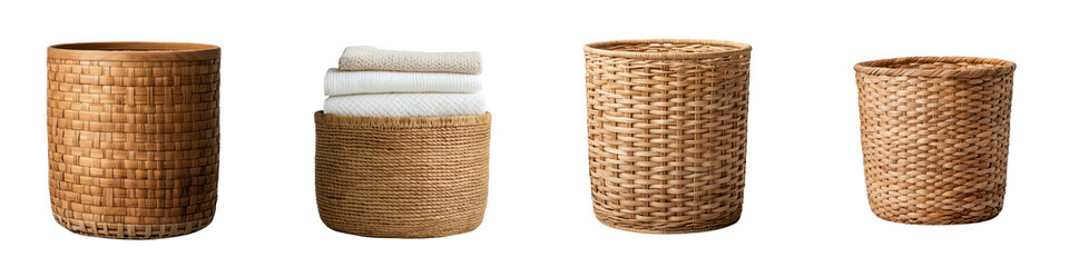 A collection of handwoven wicker baskets in various shapes and sizes perfect for storing towels linens and other household items in a bathroom or living space