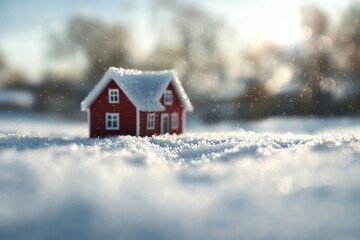 Red house in a snowy landscape with soft sunlight in the background during winter