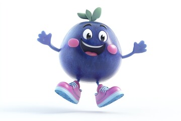 Naklejka premium A cheerful cartoon blueberry character joyfully leaps with arms outstretched and wears pink sneakers.