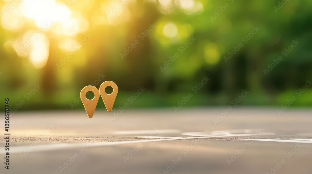 Poster Icon Pin Location Navigation Multiple pin icons on a car navigation system, dashboard and steering wheel visible, in car navigation theme