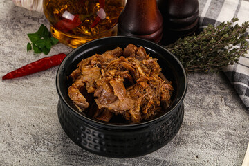 Shredded slow cooked pork meat