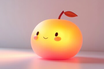 A cute, glowing peach-shaped nightlight with a happy face illuminates a minimalist background.