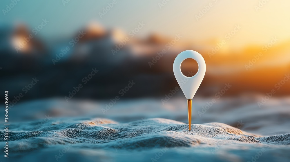 Poster Icon Pin Location Spot 3D rendered pin icon embedded in a stylized location marker, map with terrain visible, realistic depiction of a spot