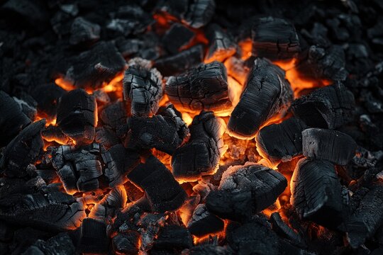 Glowing embers surrounded by charred pieces of wood burning