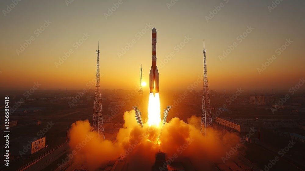 Poster a powerful rocket is launching into the sky at dawn, leaving behind a trail of flames and smoke as i