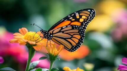 Vibrant Monarch Butterfly Resting Elegantly on Colorful Flower in a Lush Garden Setting Capturing Nature