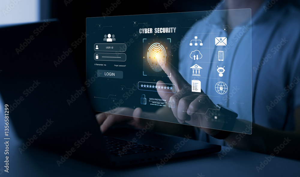 Poster cyber ​​security technology on internet.biometric secure personal data access technology. fingerprin