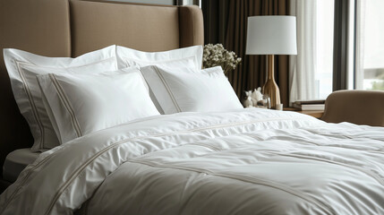 A luxurious bedroom with white bedding and a well-made bed with several pillows and a lamp in the background.