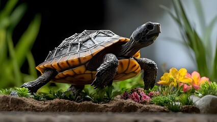 Naklejka premium A detailed sculpture of a turtle among colorful flowers and greenery, highlighting its intricate shell and features. Concept Turtle Sculpture, Intricate Shell Design, Colorful Flower Surroundings