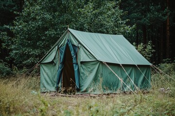 A green tent pitched amongst lush grass and dense trees