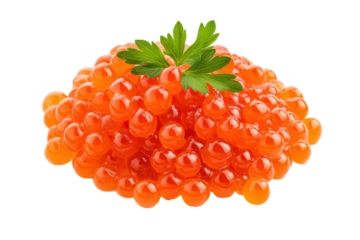 Fresh red salmon caviar garnished with parsley leaves, cut out