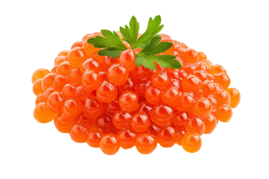 Fresh red salmon caviar garnished with parsley leaves, cut out