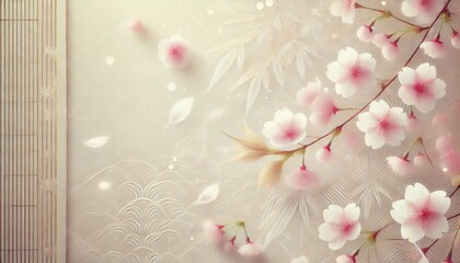 Fototapeta premium 麻の葉文様に桜が舞う柔らかな光の和風背景