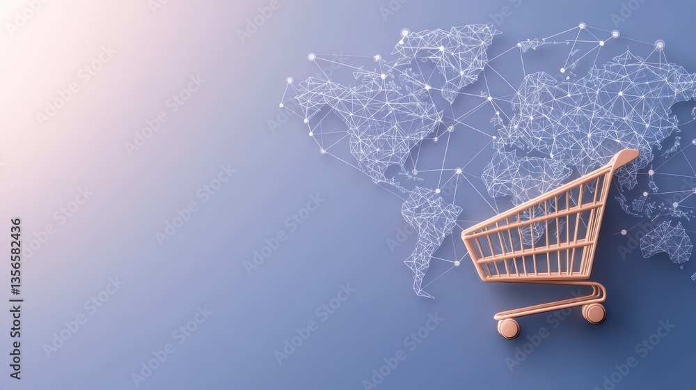 Poster shopping cart network interface online shopping shopping cart icon with a world map in the backgroun