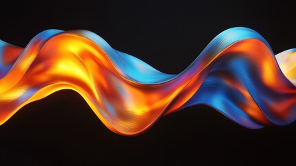 The image depicts a 3D wave background with a crystal glass liquid wave, incorporating refraction and holographic effects, isolated on a dark background with a transparent glass ribbon and a flying