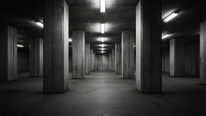 The basement room situated on the bottom floor of the parking lot in the building is characterized by its industrial cast concrete style and empty space, creating an abstract modern minimal