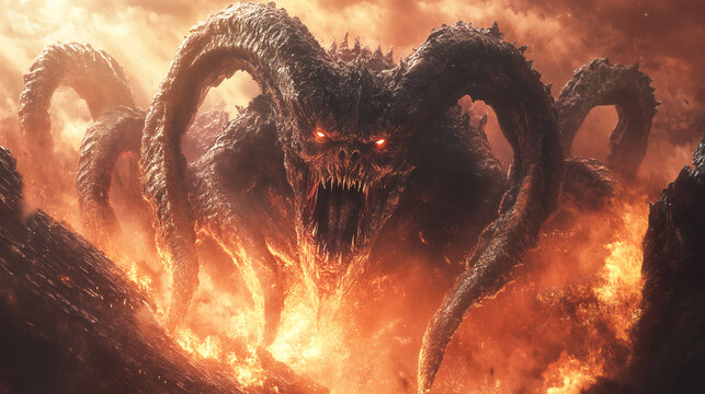Revelation's Apocalyptic Beast: Depiction of the Seven-Headed, Ten-Horned Monster from the Book of Revelation, Signifying Eschatological Events and End-Time Prophecy, Biblical Conceptual Artwork