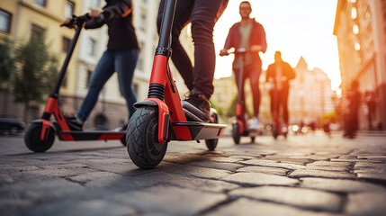 Smart Urban Commuting Diverse Professionals Riding Electric Scooters in Modern Cityscape - Sustainable Mobility for Innovative Transit Solutions