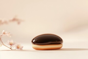 A single, glossy chocolate-covered pastry sits on a beige surface, next to delicate pink blossoms.