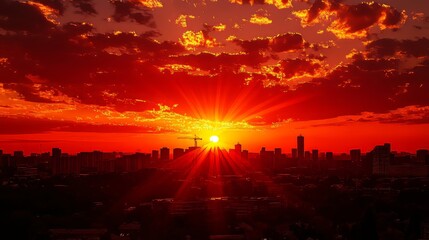 Fototapeta premium Against a vivid sunset, a construction site stands out, featuring scaffolding and a crane framed by colorful clouds