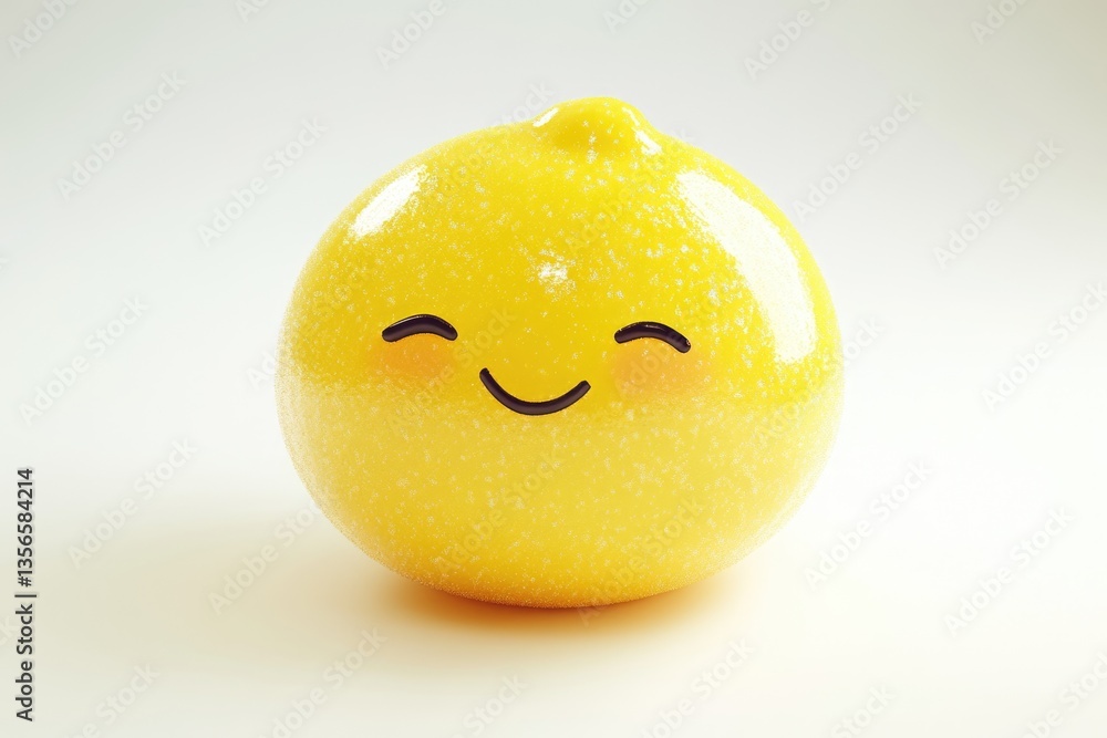 Poster a cute, smiling lemon character with a textured surface, playfully rendered in 3d.