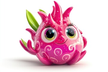 Obraz premium Adorable cartoon dragon fruit character with big eyes and vibrant pink body.