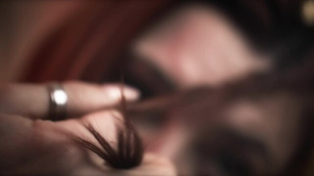 Close-up of woman twirling strand of hair, focus on hand