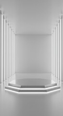 Fototapeta premium A futuristic white stage with glowing edges, surrounded by vertical light bars, creating a sleek and sci-fi atmosphere 01