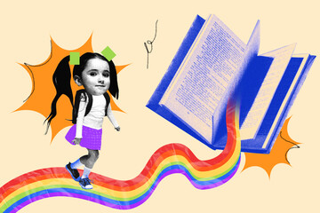 Girl walking rainbow path into open book, exploring colorful world of knowledge. Contemporary art collage. Concept of imagination, childhood reading, creative education journey. Photocopy effect.