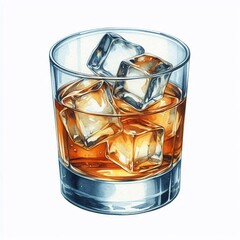 Watercolor glass of whiskey with ice isolated on white background