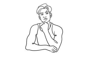 Man is a narcissist, admires himself on white background. Line art drawing. Sport guy asian model. Vector illustration
