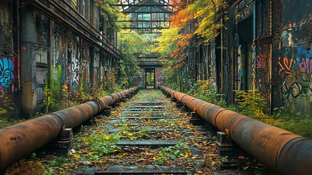 Abandoned Factory: An exploration into the heart of a forgotten industrial site, where nature reclaims the steel and concrete. The scene is a fusion of urban decay and vibrant greenery.